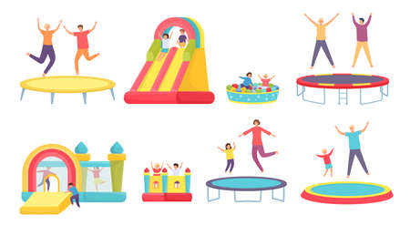People jump on trampoline. Happy adults, kids and family bounce on trampolines, inflatable house and slide. Active entertainment vector setのイラスト素材