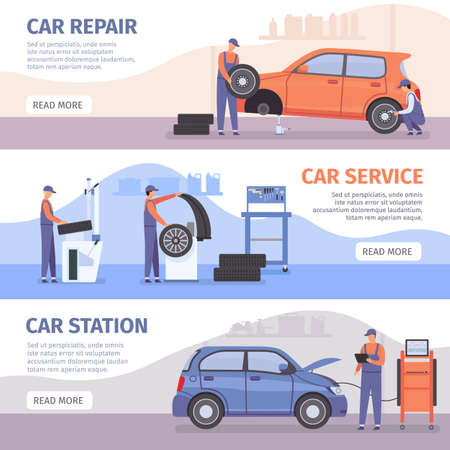 Auto repair service banner. Car workshop posters with workers fix cars and wheel tires. Vehicle mechanic maintenance advertising vector setのイラスト素材