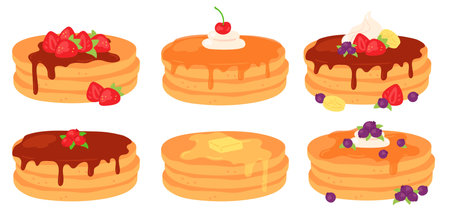 Cartoon breakfast pancake stacks with maple syrup and berry topping. Tasty pancakes with butter,...