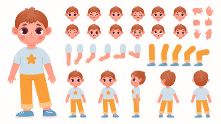 Cartoon boy character constructor with body parts and face emotions. Child expressions, leg poses and hand gestures for animation vector setのイラスト素材