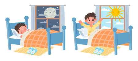 Cartoon kid boy sleep at night, wake up at morning. Child in bed and window with moon or sun. Sweet dreams and healthy sleep vector conceptのイラスト素材