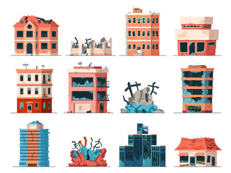 Old ruined, abandoned and collapsed city office buildings. Apartment houses damaged by war or earthquake. Broken town buildings vector setのイラスト素材