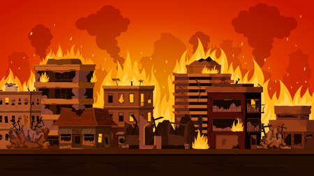 Cartoon apocalyptic city landscape with destroyed building on fire. Cityscape with burn street houses and smoke. Fire in town vector. Illustration of wildfire district, city damage and destroyed fireのイラスト素材