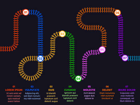 Steps or options infographic with railway track map and numbers. Presentation with flat railroad line. Business plan vector concept templateのイラスト素材
