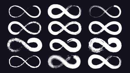 Infinity symbols or eternity loop drawn with grunge ink brush. Endless line stroke. Calligraphy infinite emblem. Moebius ribbon vector setのイラスト素材