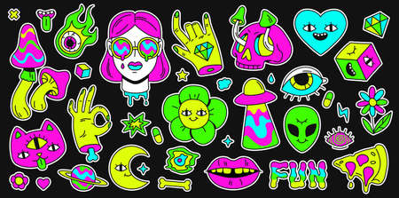 Psychedelic retro space, rainbow and surreal elements sticker. Abstract cartoon weird emoji, girl and cat character. Holutination vector setのイラスト素材