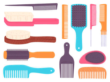 Cartoon hairbrushes and professional comb for hair styling. Curling and style brush. Hairdresser, stylist and beauty salon tools vector setのイラスト素材