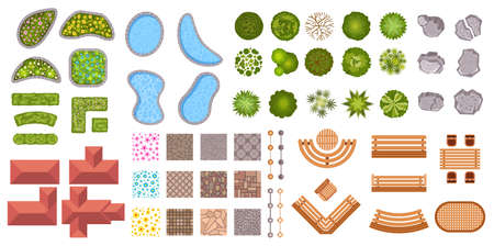 Garden landscape design elements aerial top view. Bush fence, flowers, ponds, houses and sidewalk icons. Park plan map from above vector setのイラスト素材