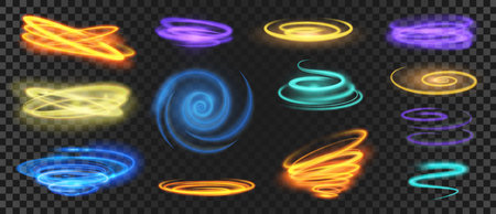 Glowing light spirals, circles, swirls and speed motion effect. Realistic shiny neon trail curves. Magic energy rings and waves vector setのイラスト素材
