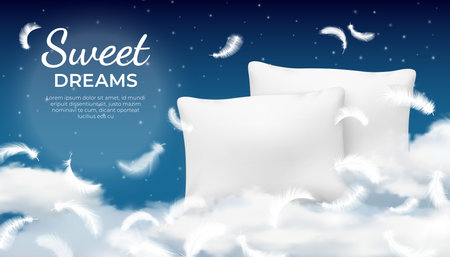 Realistic dream poster with soft pillow, cloud and feathers. Relax, rest and sleep concept with night sky. Cotton cushion vector advertisingのイラスト素材
