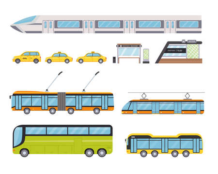 Flat public city land transport and yellow taxi car. Urban vehicles and bus stop. Cartoon trolleybus, underground train and tram vector setのイラスト素材