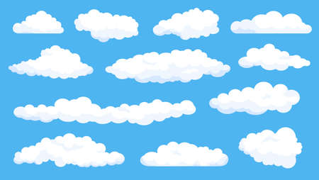 Cartoon fluffy white clouds on summer blue sky. Cloudy weather comics elements. Simple flat abstract cloud shape for game or vector setのイラスト素材