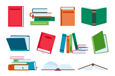Flat open and close books, library piles and stacks. Novel book with bookmark. Textbooks for reading and education. Literature vector setのイラスト素材