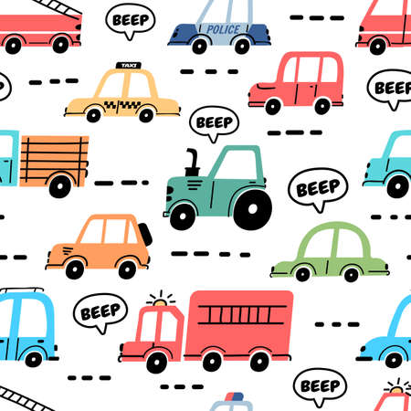 Cartoon cars seamless pattern with truck, police and fire engine. Baby toy transport on road wallpaper for nursery. Car traffic vector printのイラスト素材
