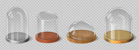 Realistic 3d glass domes with wooden, silver and gold tray. Crystal bell, cylinder and hemispherical exhibition case containers vector setのイラスト素材