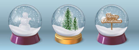 Realistic crystal snow ball with snowman and christmas tree. Glass globe sphere with winter holiday decoration. 3d xmas snowglobe vector setのイラスト素材