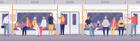 Passenger crowd inside subway train or city bus. Cartoon people standing and sitting in public...