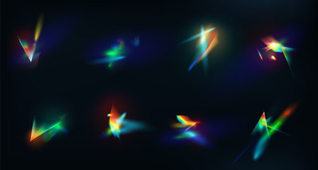 Crystal rainbow lights effect, flare reflection from prism or diamond. 3d gem shining iridescent glare. Lens colorful refraction vector setのイラスト素材