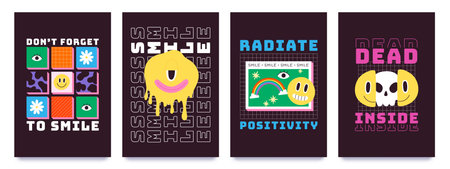T-shirt design with psychedelic smiley faces, graffiti art. Melting emoji with skull, rainbow and...