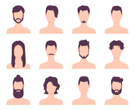 Cartoon men avatars fashion hairstyles, mustaches and beards. Male modern short and long haircuts. Barber shop hair style icons vector setのイラスト素材