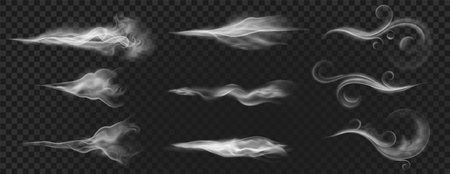 Realistic wind blow swirls, smoke air or hot steam. Curved flow waves, mist, aroma or perfume clouds effect. White blowing stream vector setのイラスト素材