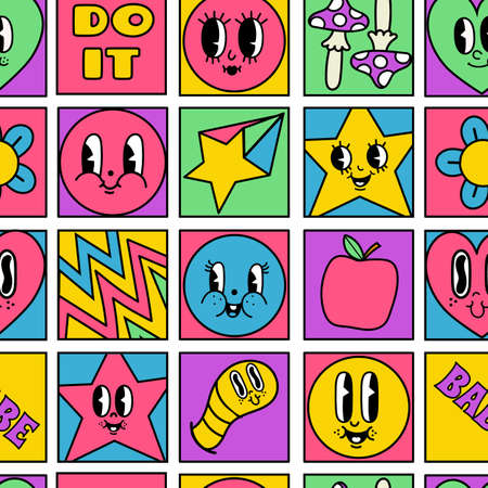 Funny crazy characters seamless squares mosaic pattern. Geometric psychedelic comic shapes with 50s retro cartoon faces vector wallpaper setのイラスト素材