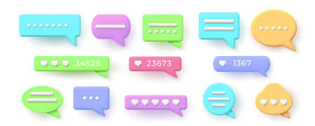 3d speech bubbles for chat messages and like button. Balloon with social network hearts rating. Conversation notification frame vector setのイラスト素材