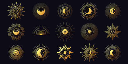 Moon, sun and stars, celestial boho line elements. Chic golden mystic astrology symbols. Minimalist yoga tattoo and logo design vector setのイラスト素材