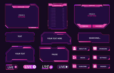 Live stream interface overlay frames for gamer broadcast. Cyber hud screen, panels, buttons and icons design for game streaming vector setのイラスト素材