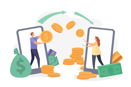 Flat characters transfer money with smartphone wallet app. Instant payment receiving, mobile bank transaction, cashback pay vector conceptのイラスト素材