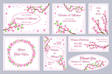 Wedding invitations and greeting cards with sakura blossom flowers. Japan cherry tree branches and pink petals frames and borders vector setのイラスト素材