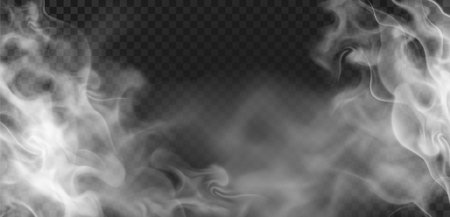 Realistic transparent wavy hot steam or smoke effect. Evaporation, fog or haze. Spooky mist cloud. Food or drink vapour vector backgroundのイラスト素材