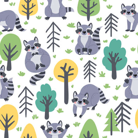 Cute seamless pattern with cartoon forest raccoons and trees. Childish print with happy animals. Baby racoon for nursery vector wallpaperのイラスト素材