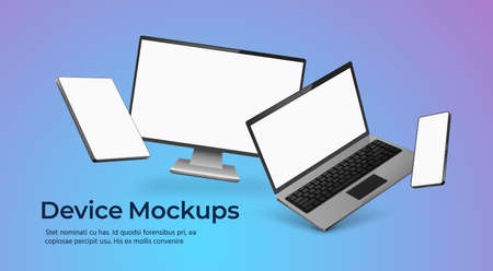 Device poster with floating realistic gadgets mockup with empty screens. 3d phone, laptop, monitor and tablet. Smart technology vector sceneのイラスト素材