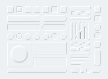 3d interface elements, buttons, menu and sliders in neumorphism style. Neumorphic white round and rectangle panels for phone app vector setのイラスト素材