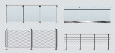 Realistic glass and metal balcony railings, wire fence. Transparent terrace balustrade with steel handrail. Pool fencing sections vector setのイラスト素材