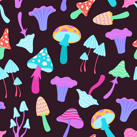 Abstract neon seamless pattern with psychedelic hallucination mushrooms. Trippy print with poison mushroom, amanita and toadstool vector setのイラスト素材