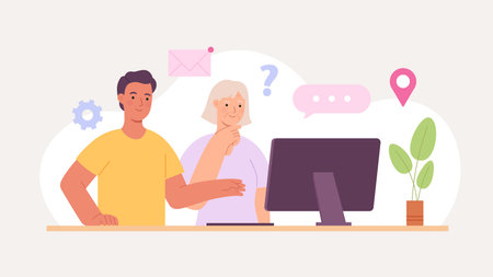 Grandson or volunteer help elderly woman learn computer. Grandma using internet. Modern technology school for senior people vector conceptのイラスト素材