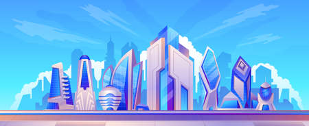 Cartoon futuristic smart city landscape with glass skyscrapers. Modern urban cityscape architecture. Future metropolis building vector sceneのイラスト素材