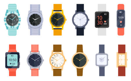 Flat modern, classic and luxury wrist watches with bracelet. Smart watch, accessory hand clock for men and women. Cartoon watches vector setのイラスト素材