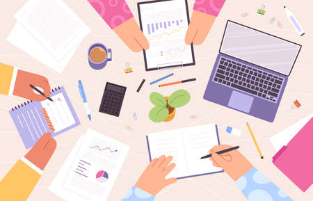 Office team work at table top view with character hands. Desk workplace with documents, graphics and laptop. Business meeting vector conceptのイラスト素材