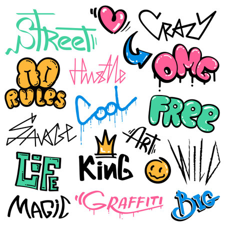 Graffiti words and elements, street art with spray paint drips. Abstract urban wall scribbles...