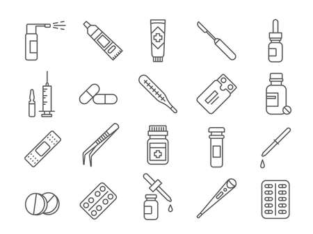 Line medical drug, vaccines, bottles and pills icons. Syringe and ampoule, aerosol, nasal spray, capsule and cream tube. Medicine vector setのイラスト素材