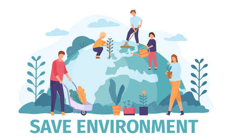 Flat people gardening and save environment ecology on earth globe. Volunteers community protect world nature, planting trees vector conceptのイラスト素材