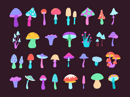 Neon groovy psychedelic poison mushrooms, toadstool and amanita. Cartoon trippy bright mushroom. Flat surreal magic hippie fungus vector setのイラスト素材