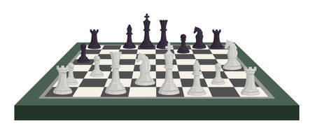 Cartoon chessboard with chess pieces, strategy game tournament. Chessmen figures on black white checkered board. Logical game vector conceptのイラスト素材