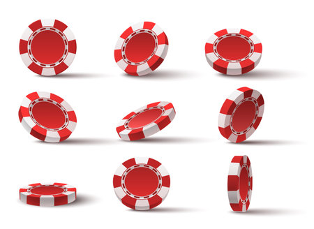 Realistic 3d flying red casino poker game chips. Gambling plastic coins. Jackpot chip tokens for roulette. Vegas pokerchips flip vector setのイラスト素材