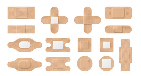Realistic medical plasters, patches and first aid bands. Elastic adhesive tape for wound. Sticky cross bandage with perforation vector setのイラスト素材
