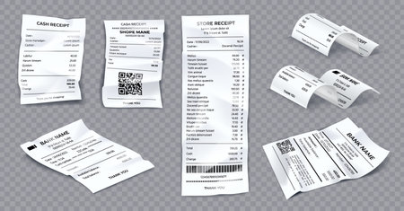 Realistic rolled, curved and crumpled bank and shop receipts. White paper payment bill. Supermarket printed sale, 3d cash check vector setのイラスト素材