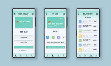 Neumorphism bank app interface design on realistic smartphone screen. Online payment with credit card. Financial application vector templateのイラスト素材